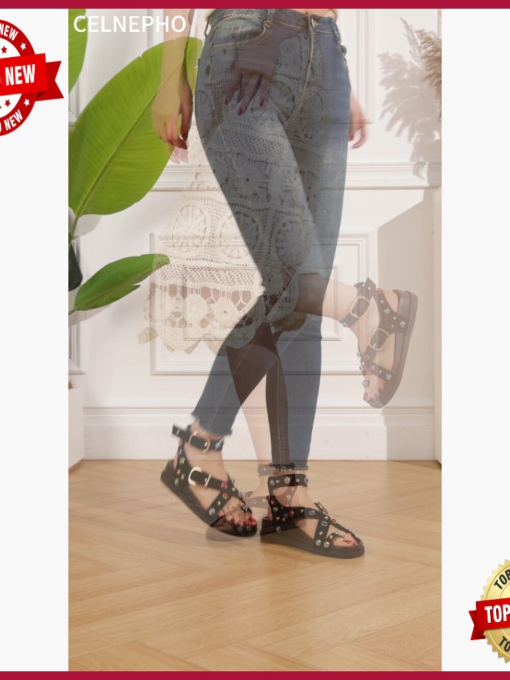 Womens Ankle Wrap Platform Sandals with Rhinestone Studs Bohemian Retro Beach - Picture 7 of 7